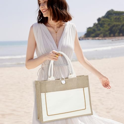10 Pack Reusable Jute Canvas Tote Bags with Handles I536394