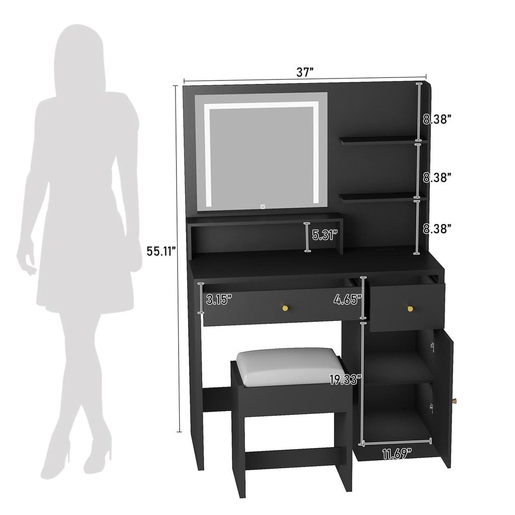 Black Vanity Desk Set with LED Light Mirror and Stool Z899965
