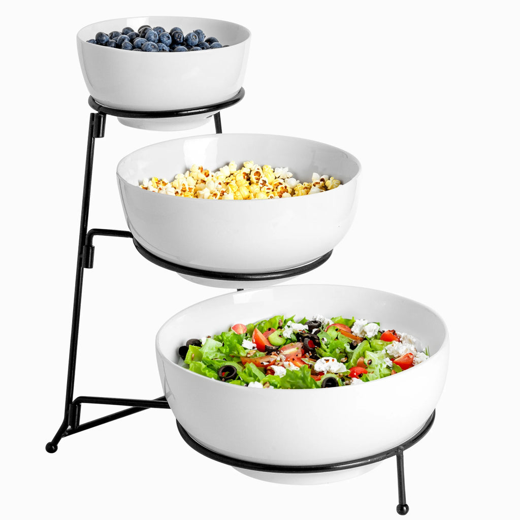 3 Tier Ceramic Serving Bowl Set with Metal Rack C16290