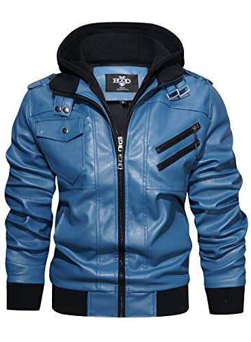 Stand Collar Faux Leather Zip-Up Bomber Jacket with Removable Hood P8827