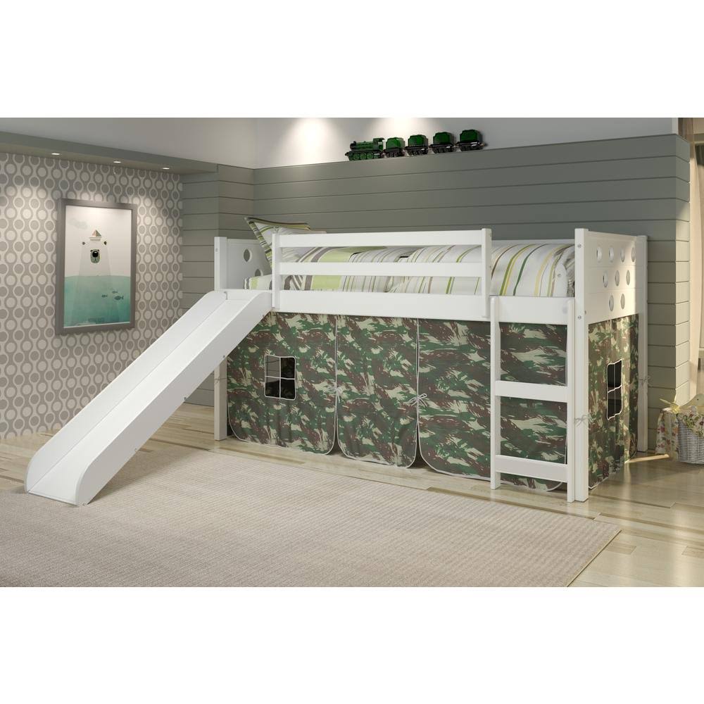 White Twin Circles Low Loft Bed with Slide and Camo Tent Kit T870