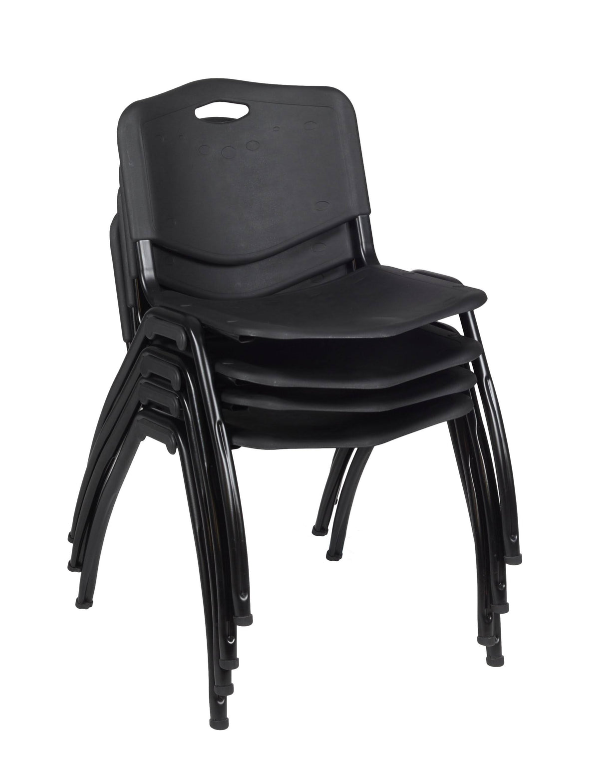 Mocha Walnut Round Breakroom Table with 4 Black Stack Chairs Q2256