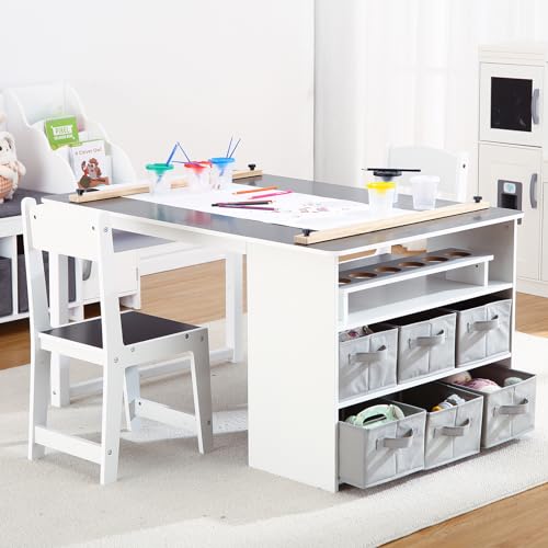 Kids Art Table and Chairs Set with Storage Desk and Art Supply Organizer M94268