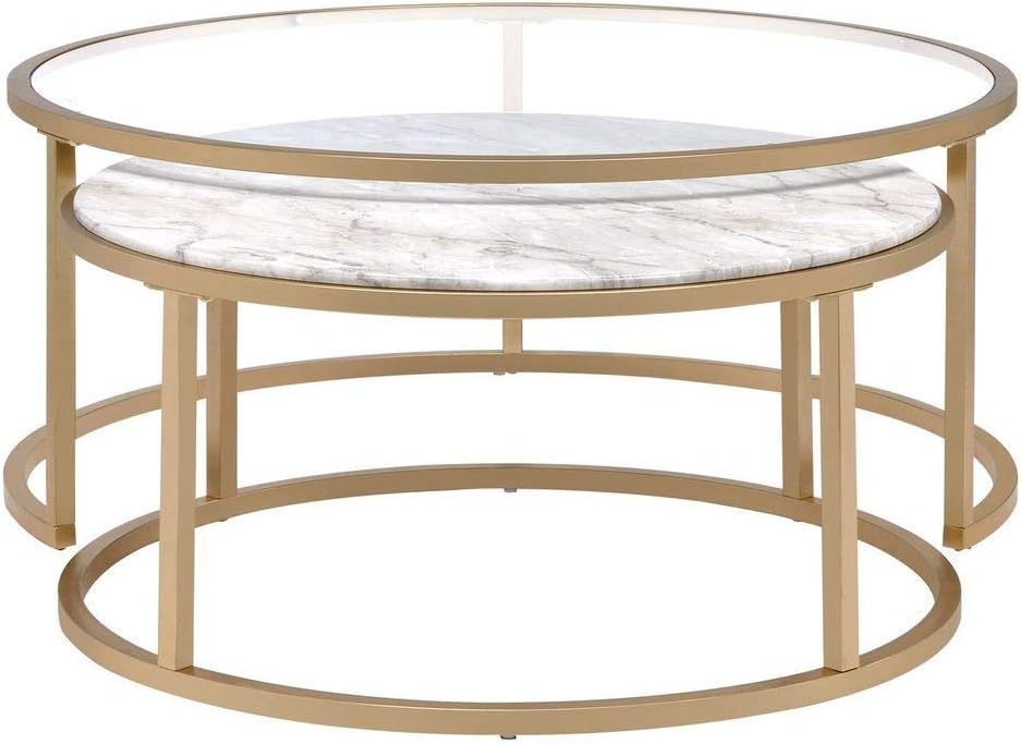Modern Nesting Coffee Table Set of 2, Faux Marble & Clear Glass Top, Metal Frame, Gold Finish R400833