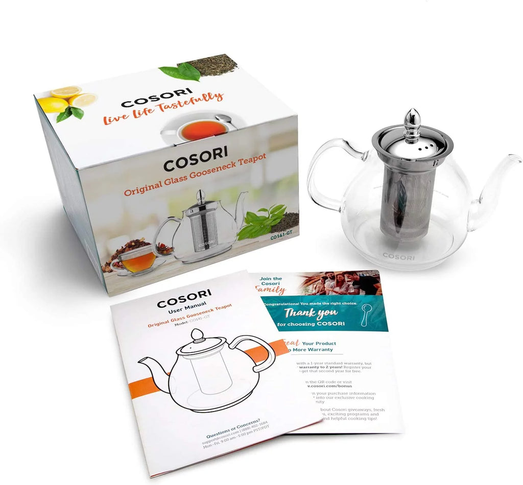 Glass Teapot Stovetop Gooseneck Kettle with Removable Stainless Steel Infuser, Borosilicate, 1000 ml, Transparent O308