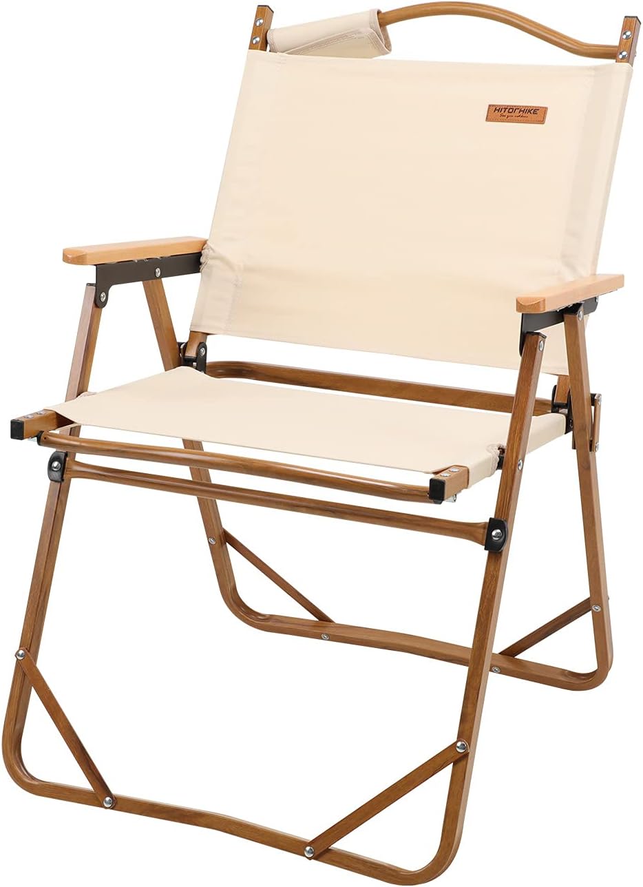 Beige Folding Camping Chair with Beech Armrest L1161