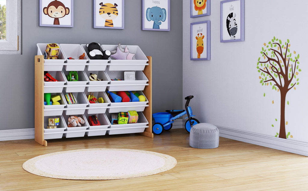 Kids Wood Toy Storage Organizer with 16 White Plastic Bins V394