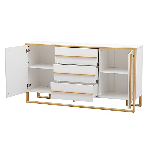 White and Gold Buffet Table with 3 Drawers 2 Doors D293