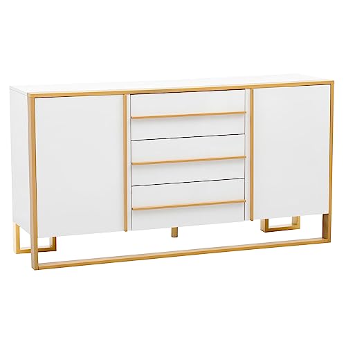 White and Gold Buffet Table with 3 Drawers 2 Doors D293