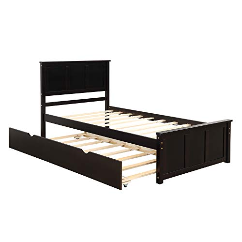 Twin Espresso Wood Low Platform Bed Frame with Headboard and Footboards A25756