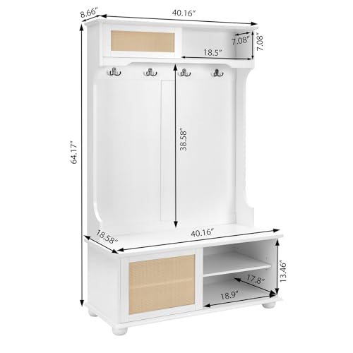 64" 3-in-1 Hall Tree Entryway Four Hooks Rattan Door Shelves Shoe Storage Bench Cabinets with Solid Feet L40994