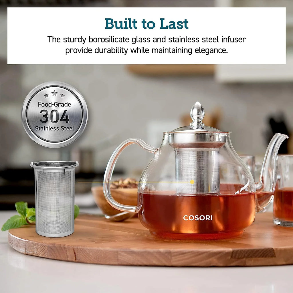 Glass Teapot Stovetop Gooseneck Kettle with Removable Stainless Steel Infuser, Borosilicate, 1000 ml, Transparent O308