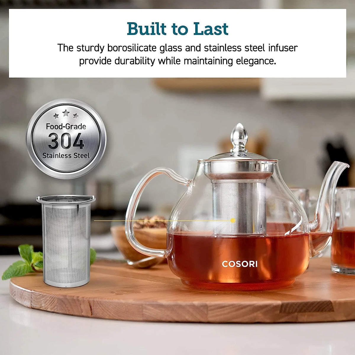 Glass Teapot Stovetop Gooseneck Kettle with Removable Stainless Steel Infuser, Borosilicate, 1000 ml, Transparent O308