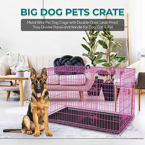 Large Foldable Metal Wire Dog Crate with Double-Door Tray B3626