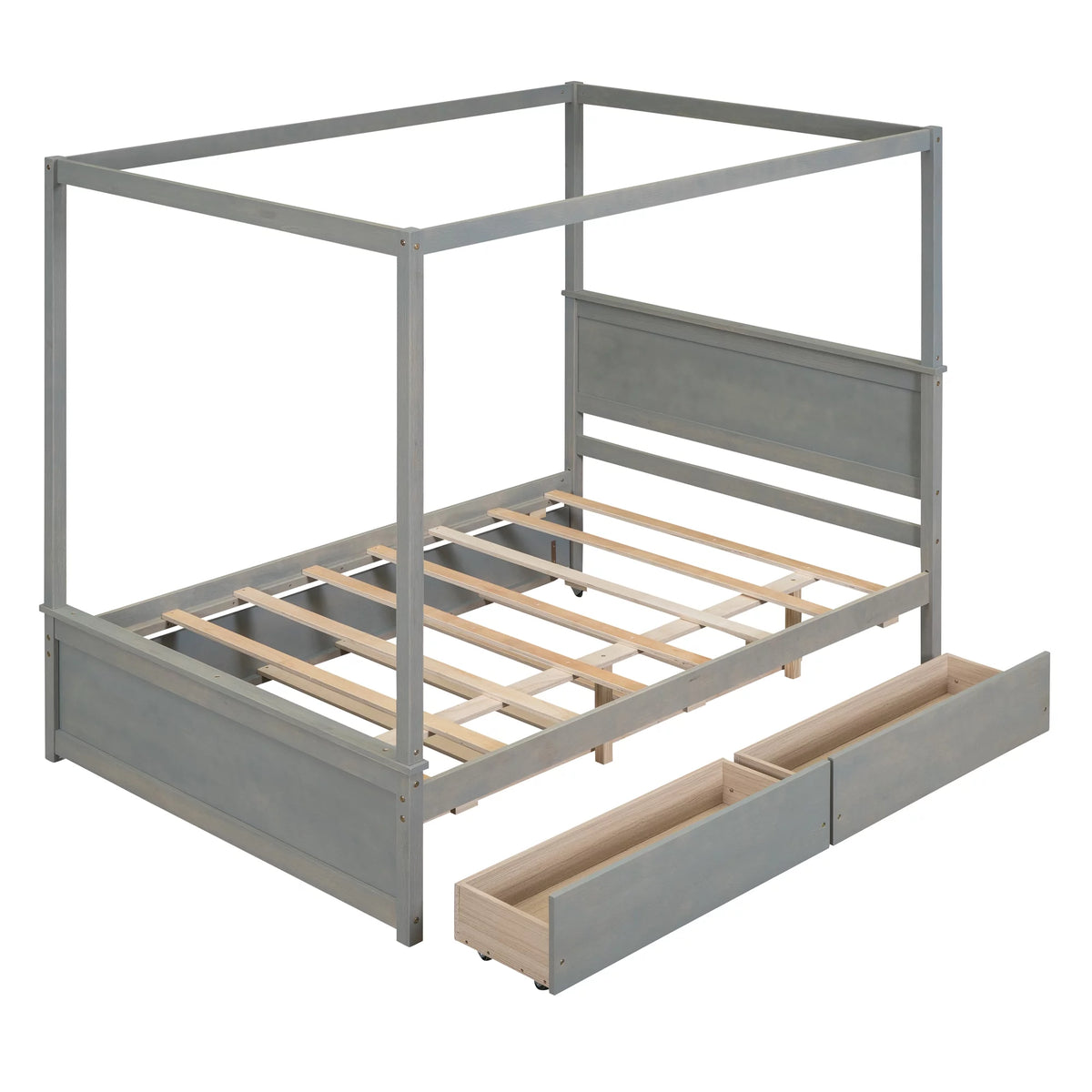 Gray Full Size Canopy Bed Frame with Trundle and 2 Storage Drawers E854