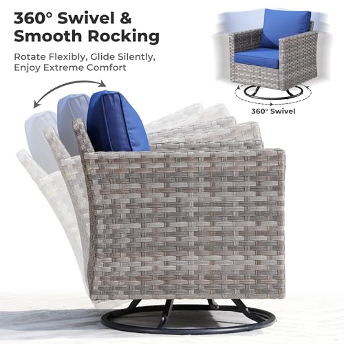 2 Pieces Outdoor Wicker Rattan Rocking Chairs with Cushions, Denim Blue I5958