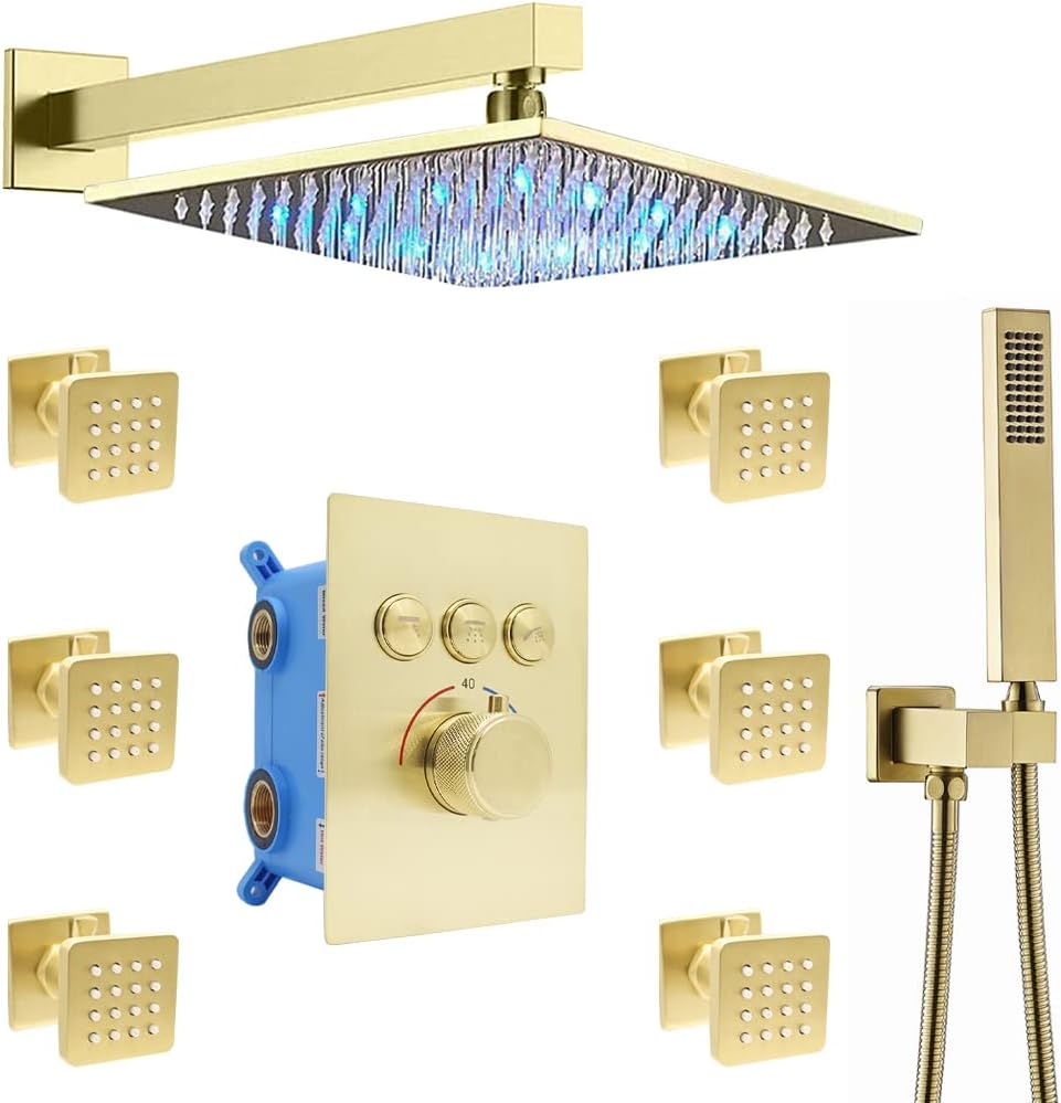 12 Inch Matte Black LED Rainfall Shower System with Body Jets U425