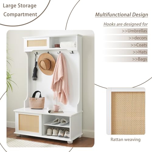 64" 3-in-1 Hall Tree Entryway Four Hooks Rattan Door Shelves Shoe Storage Bench Cabinets with Solid Feet L40994