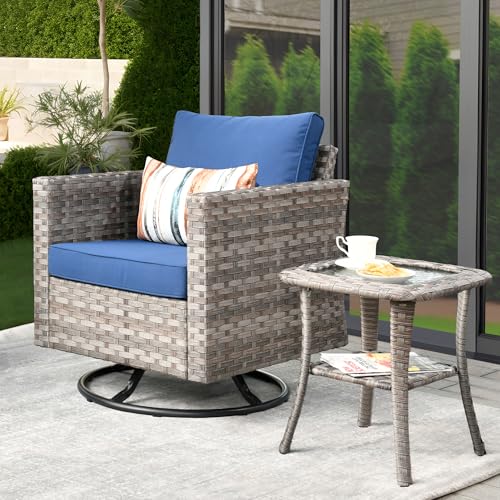 2 Pieces Outdoor Wicker Rattan Rocking Chairs with Cushions, Denim Blue I5958