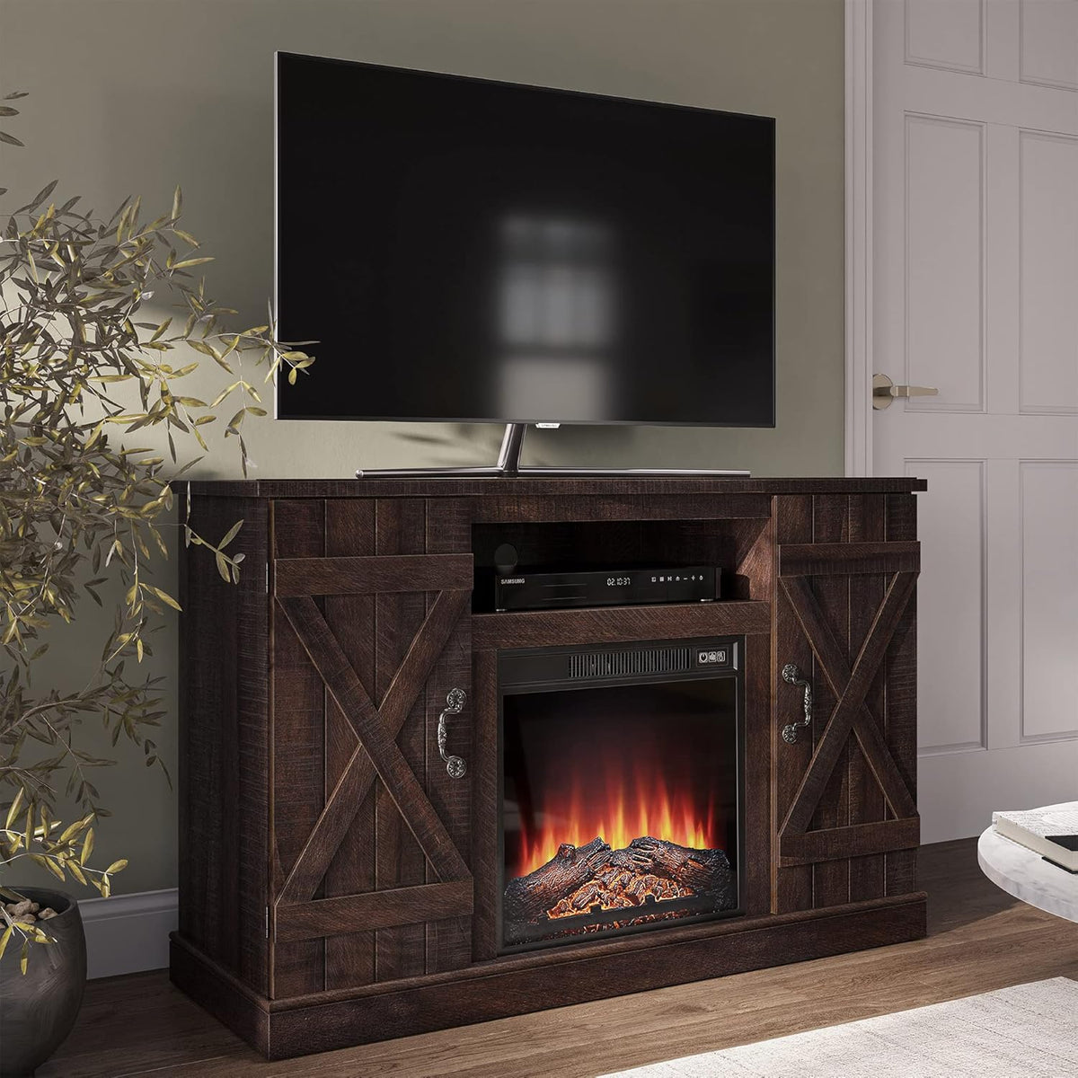 Industrial Electric Fireplace TV Stand with Open Storage Shelves Q32619