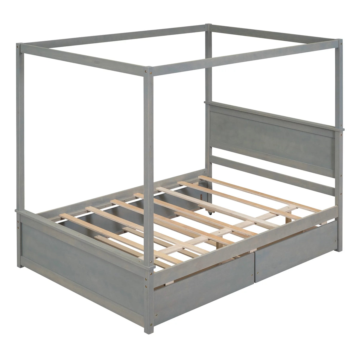 Gray Full Size Canopy Bed Frame with Trundle and 2 Storage Drawers E854