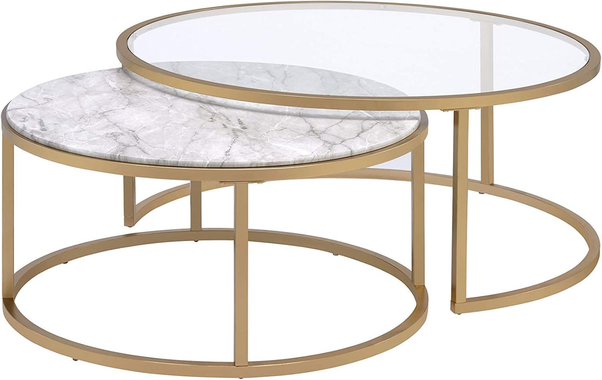 Modern Nesting Coffee Table Set of 2, Faux Marble & Clear Glass Top, Metal Frame, Gold Finish R400833