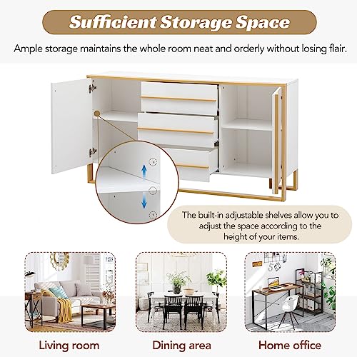 White and Gold Buffet Table with 3 Drawers 2 Doors D293