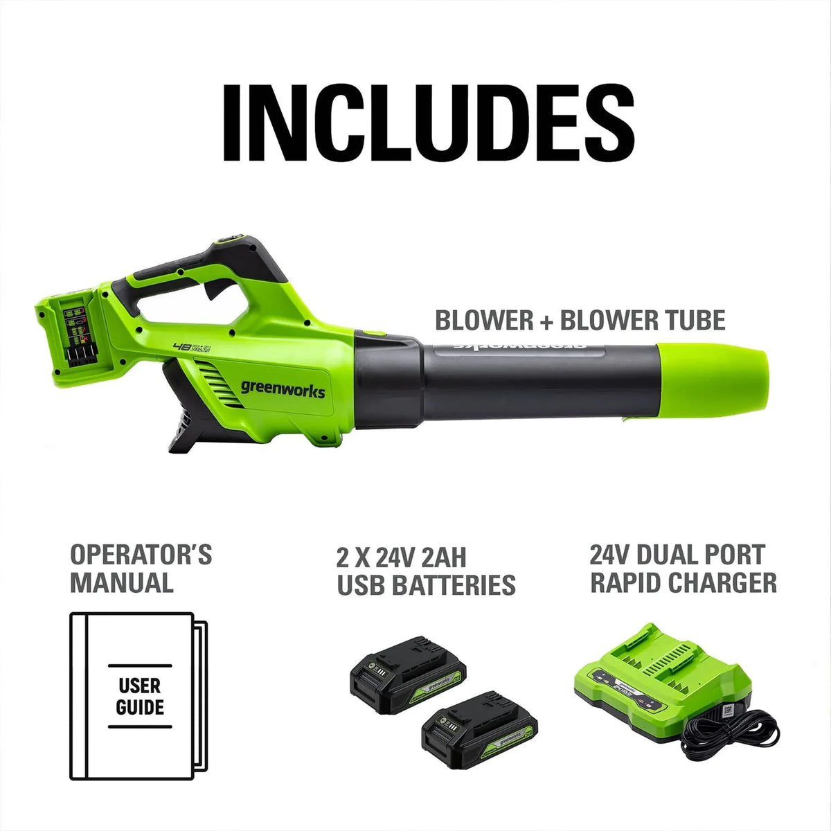 48V Brushless Leaf Blower 515CFM 125MPH with 2 2.0Ah Batteries & 4A Dual Port Charger S4446