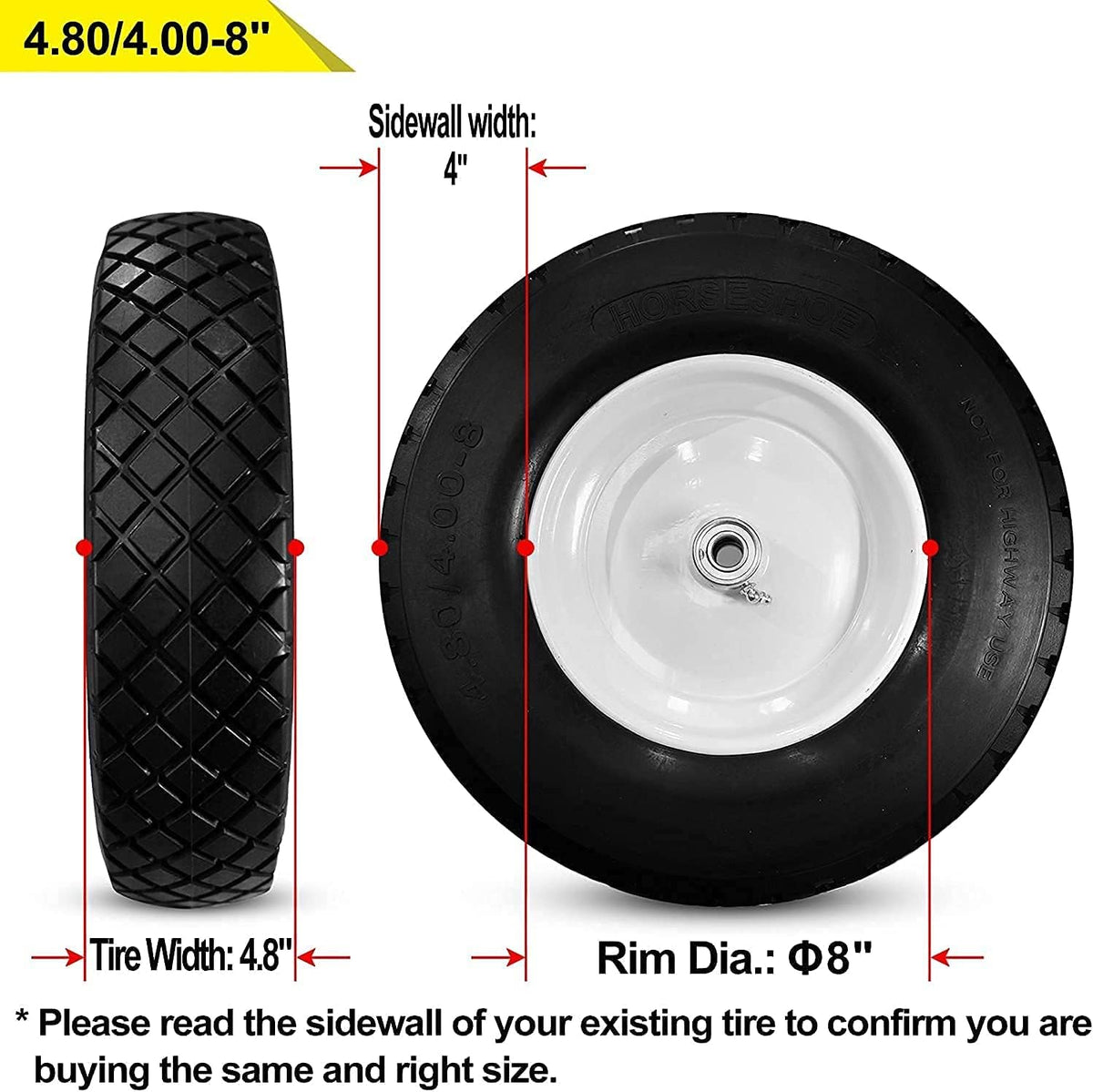 4.80/4.00-8 Solid Flat-Free Wheelbarrow Wheels with Ball Bearing G57455