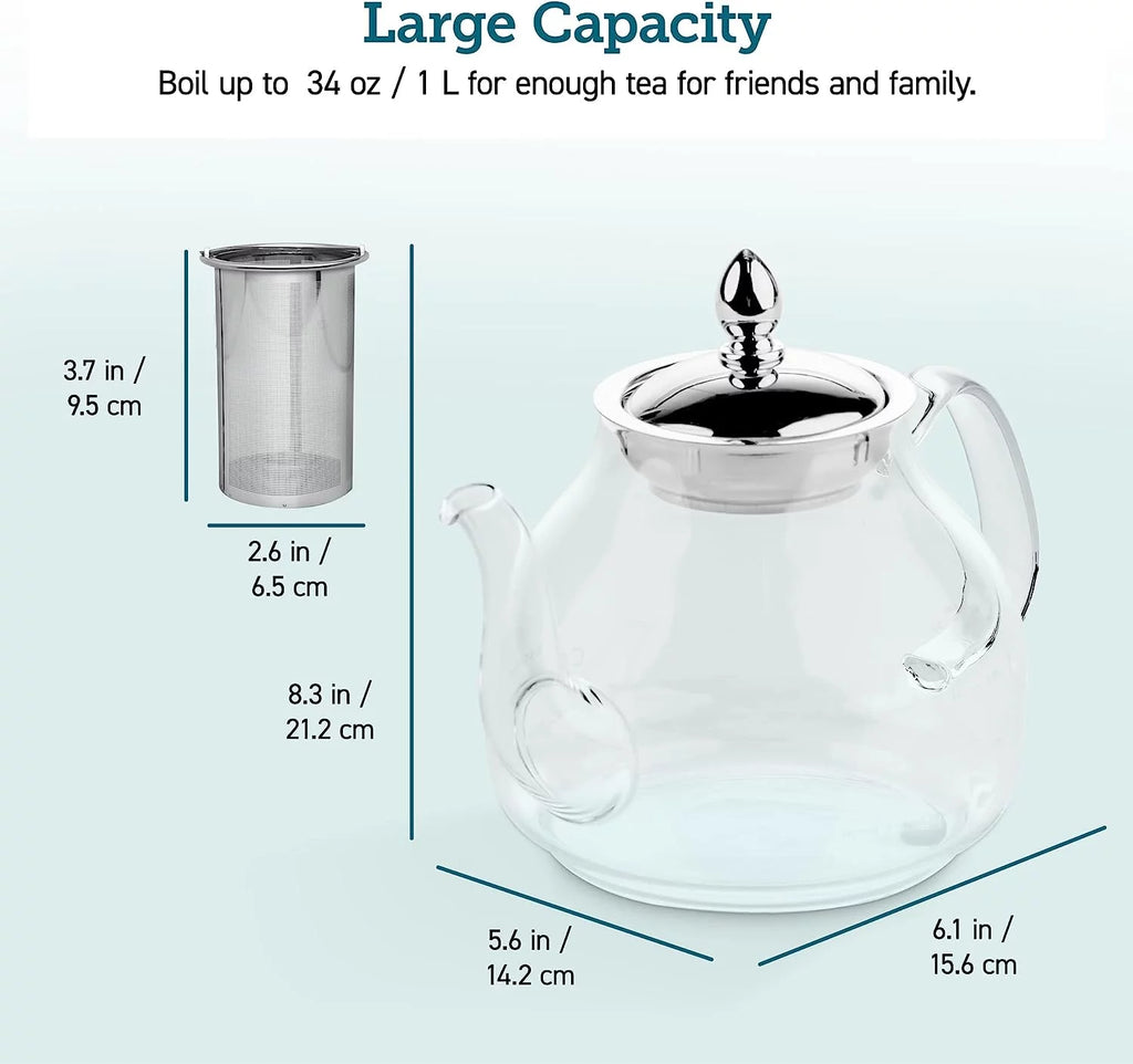 Glass Teapot Stovetop Gooseneck Kettle with Removable Stainless Steel Infuser, Borosilicate, 1000 ml, Transparent O308