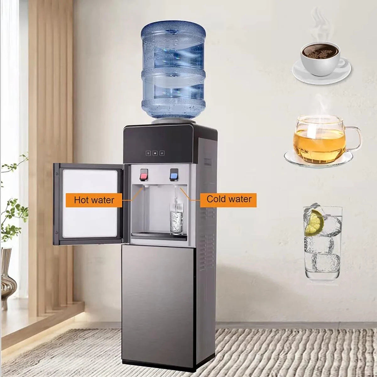Top-Loading Water Dispenser for 5 Gallon Bottles, Hot & Cold Water Cooler with Storage Cabinet & Glass Door, Gray P7887