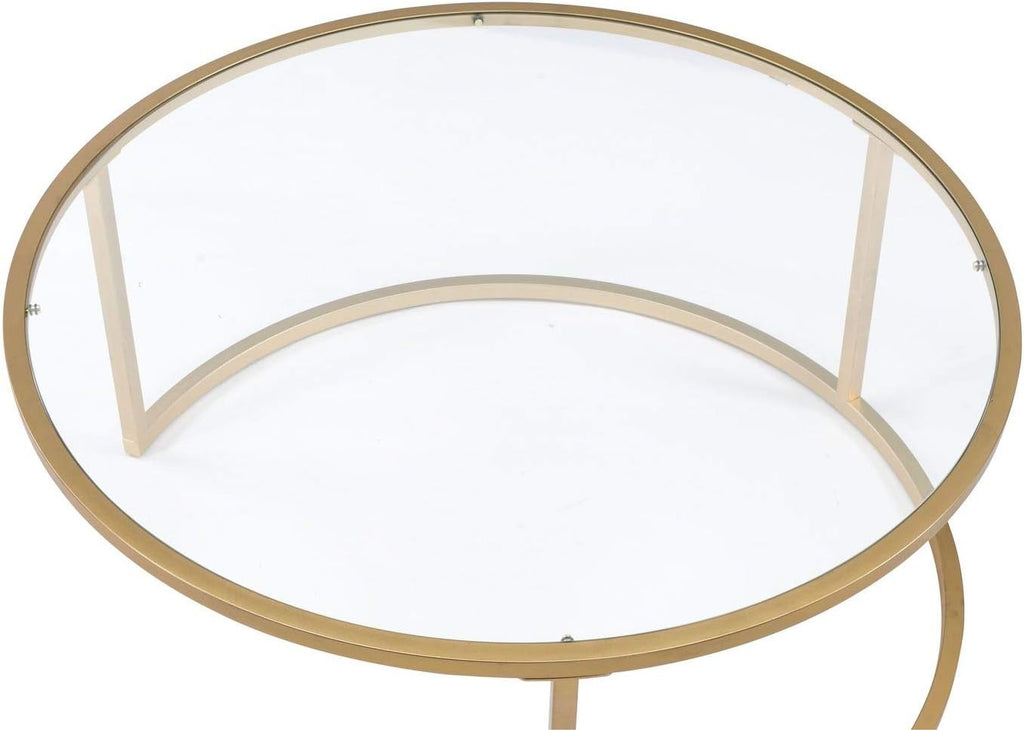 Modern Nesting Coffee Table Set of 2, Faux Marble & Clear Glass Top, Metal Frame, Gold Finish R400833