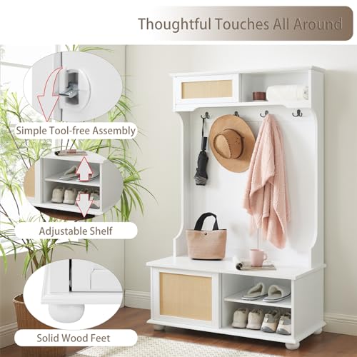 64" 3-in-1 Hall Tree Entryway Four Hooks Rattan Door Shelves Shoe Storage Bench Cabinets with Solid Feet L40994