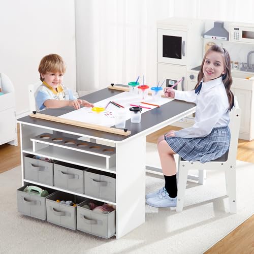 Kids Art Table and Chairs Set with Storage Desk and Art Supply Organizer M94268