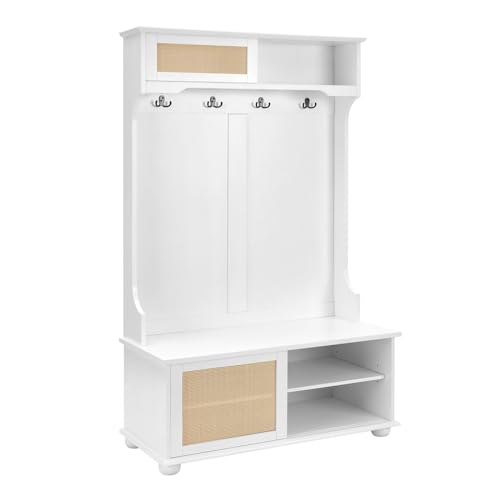 64" 3-in-1 Hall Tree Entryway Four Hooks Rattan Door Shelves Shoe Storage Bench Cabinets with Solid Feet L40994