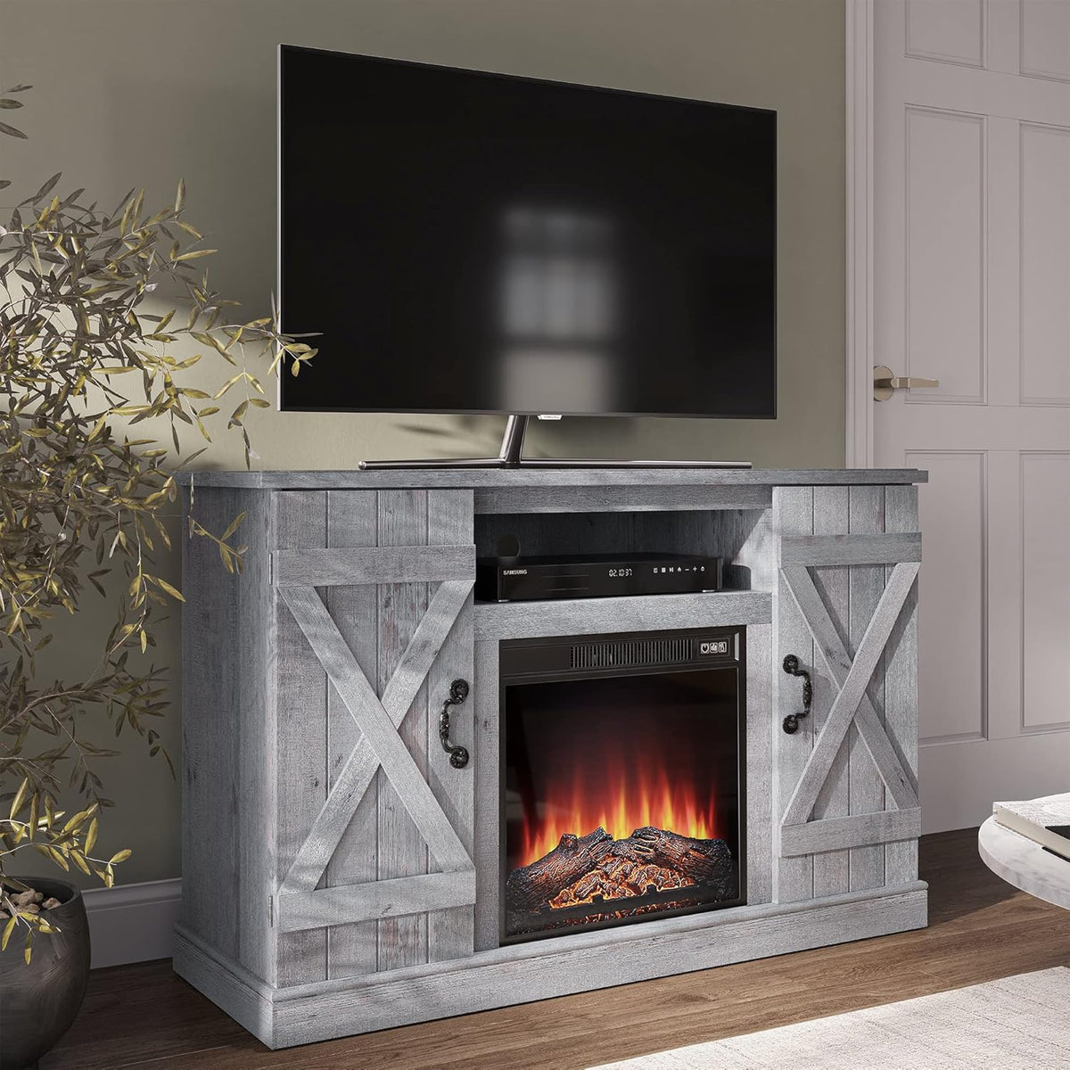 Industrial Electric Fireplace TV Stand with Open Storage Shelves Q32619