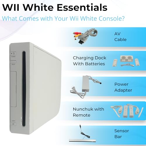 White Wii Console with 2 Remotes, 2 Nunchucks, Dual Dock Stand, Sensor Bar, AV Cable and 2 Gaming Sleeves O5848