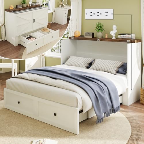 White Full Size Murphy Bed with Storage Drawer U8114