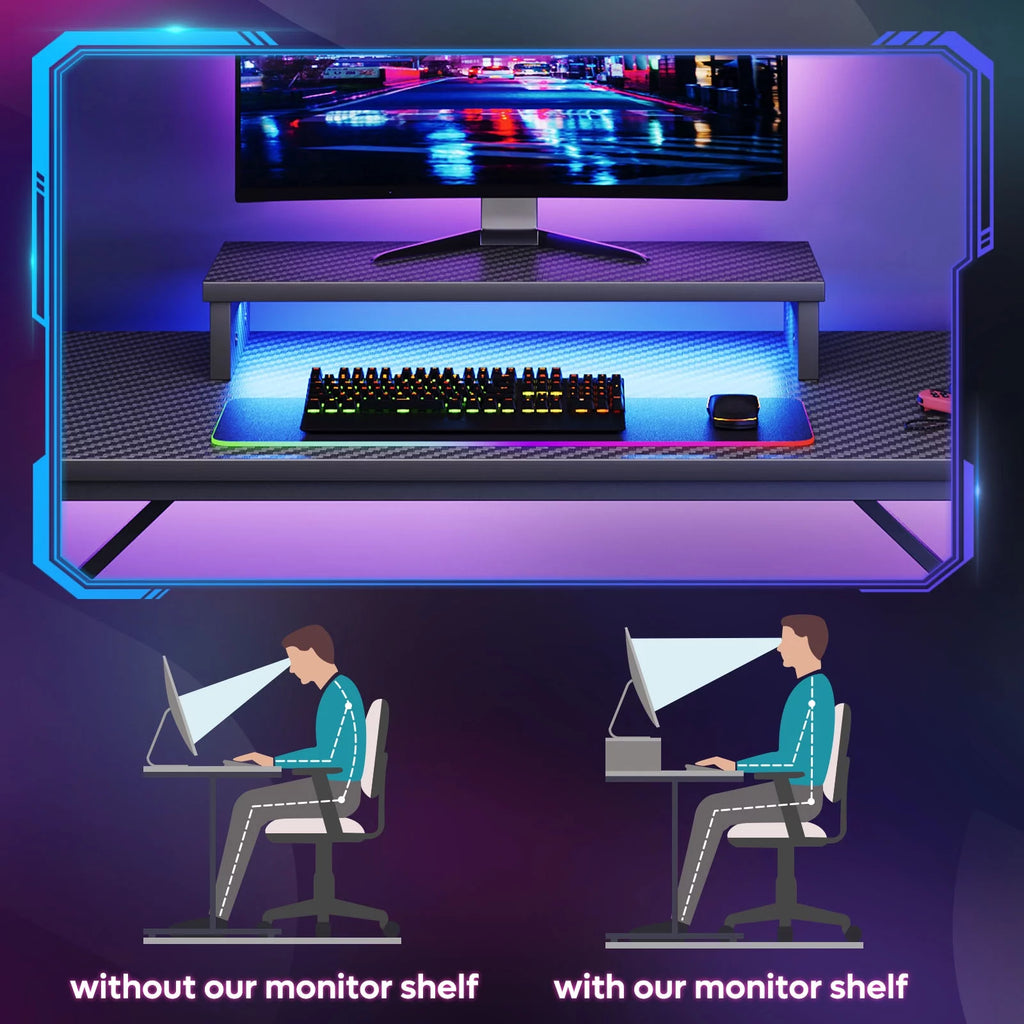 42" Gaming Desk with LED Lights, Monitor Stand, Headphone Hook, Cup Holder in Carbon Fiber Black E879