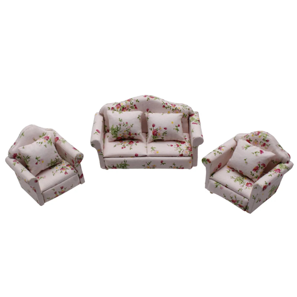 Mini Wood Sofa Couch Set Dollhouse Miniatures Furniture Floral Set B47646