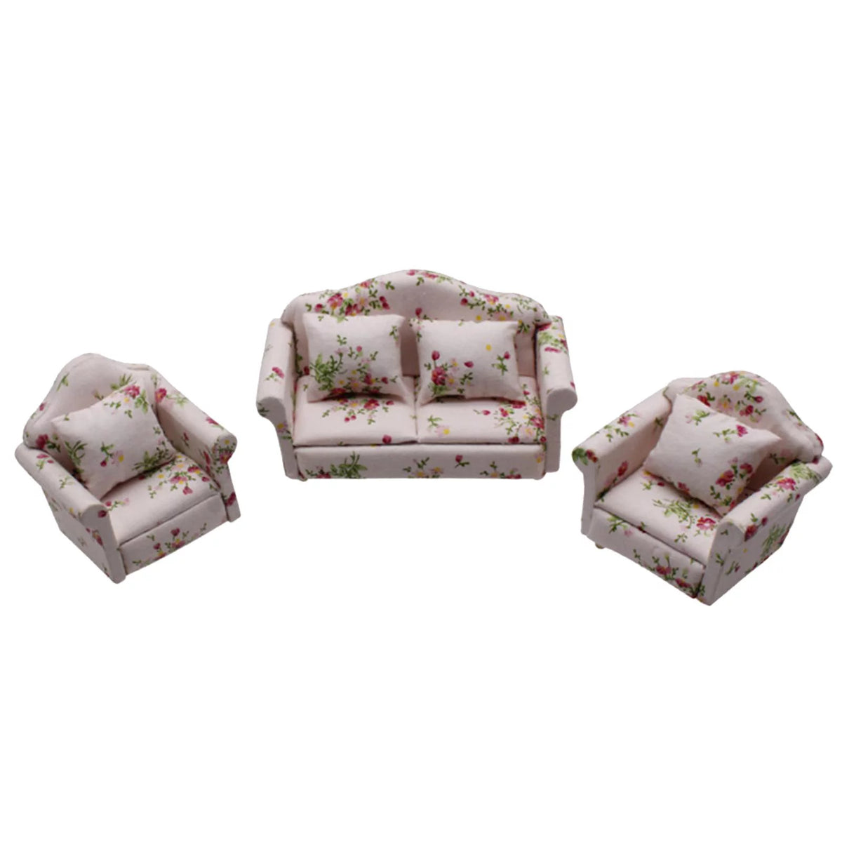 Mini Wood Sofa Couch Set Dollhouse Miniatures Furniture Floral Set B47646