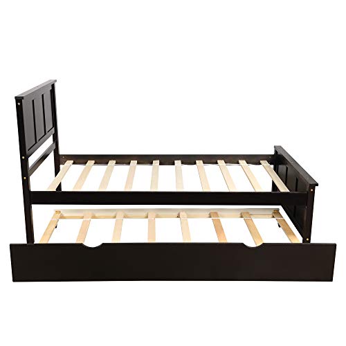 Twin Espresso Wood Low Platform Bed Frame with Headboard and Footboards A25756