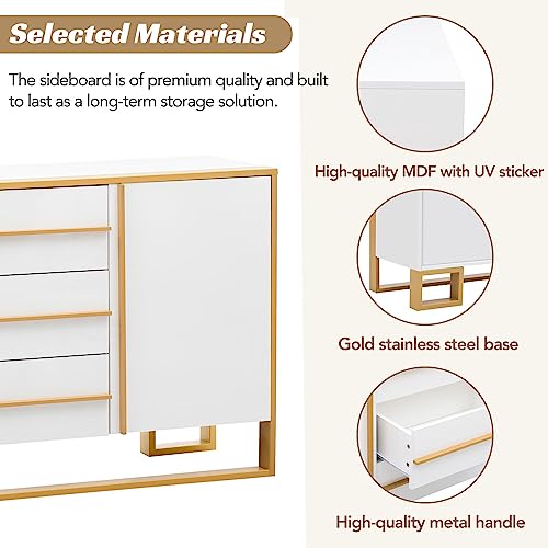 White and Gold Buffet Table with 3 Drawers 2 Doors D293