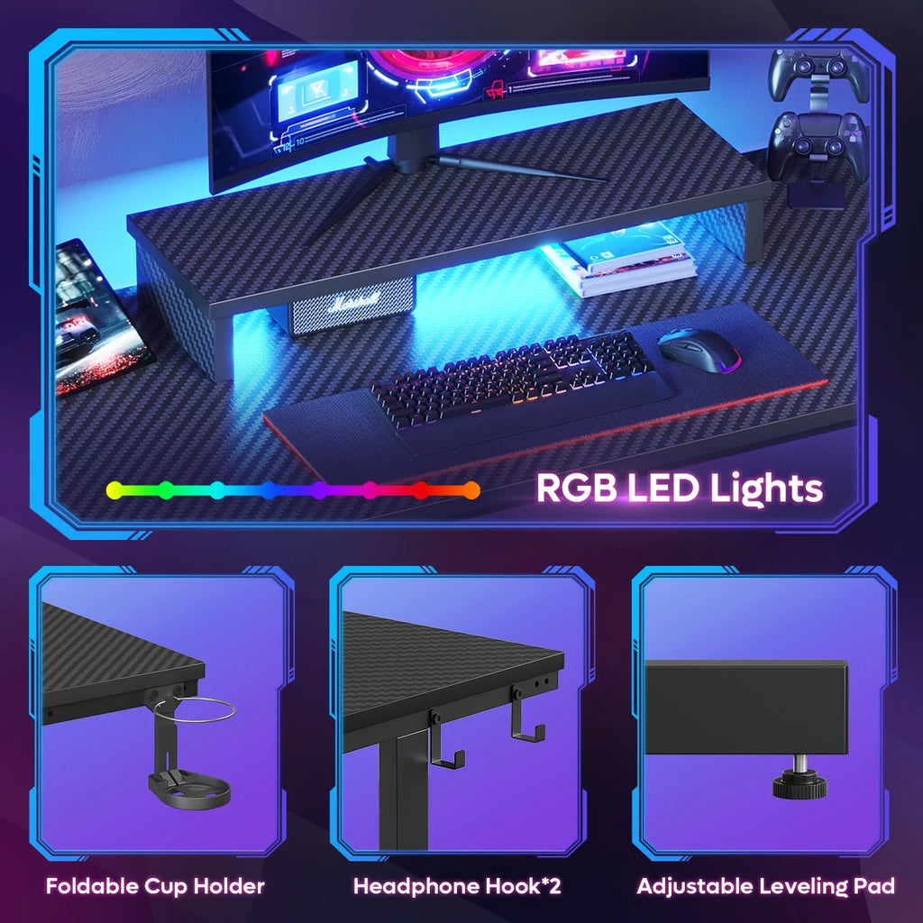 42" Gaming Desk with LED Lights, Monitor Stand, Headphone Hook, Cup Holder in Carbon Fiber Black E879