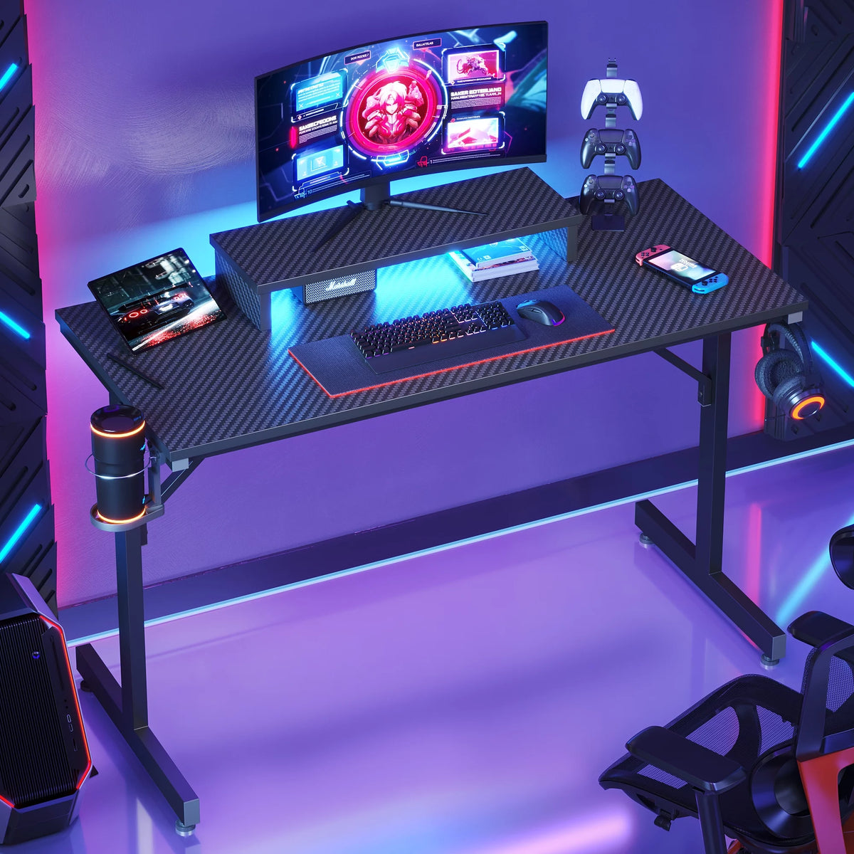 42" Gaming Desk with LED Lights, Monitor Stand, Headphone Hook, Cup Holder in Carbon Fiber Black E879