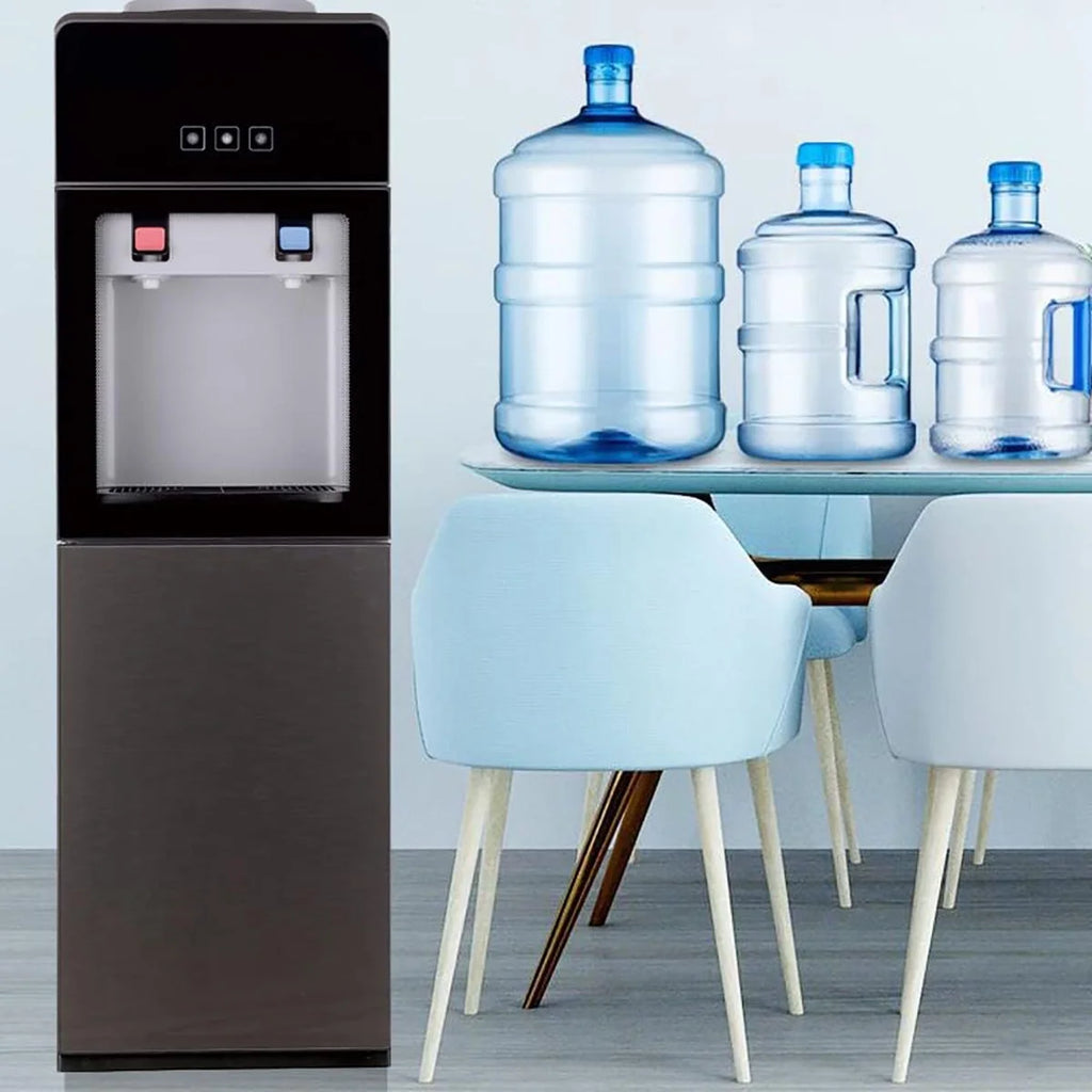 Top-Loading Water Dispenser for 5 Gallon Bottles, Hot & Cold Water Cooler with Storage Cabinet & Glass Door, Gray P7887