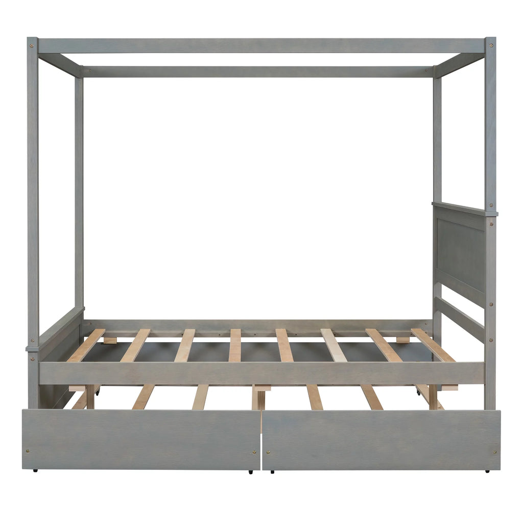 Gray Full Size Canopy Bed Frame with Trundle and 2 Storage Drawers E854