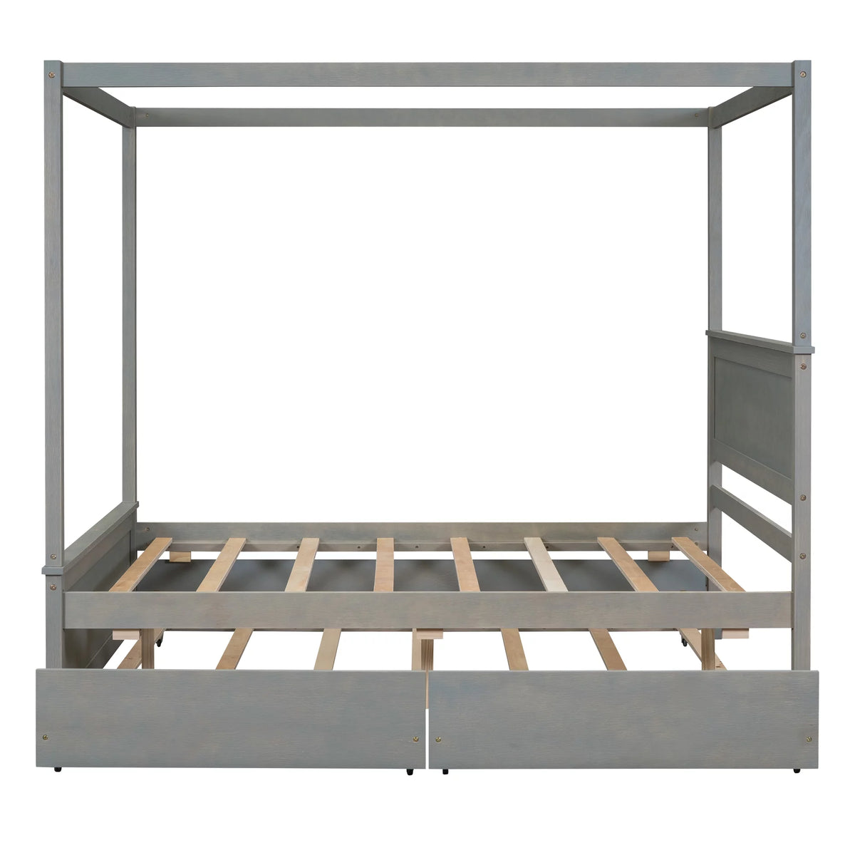 Gray Full Size Canopy Bed Frame with Trundle and 2 Storage Drawers E854