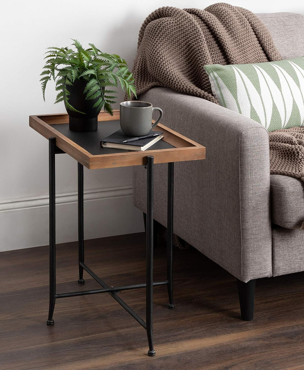 Rustic Brown Wood and Slate Side Accent Table with Black Iron Metal Base L9400