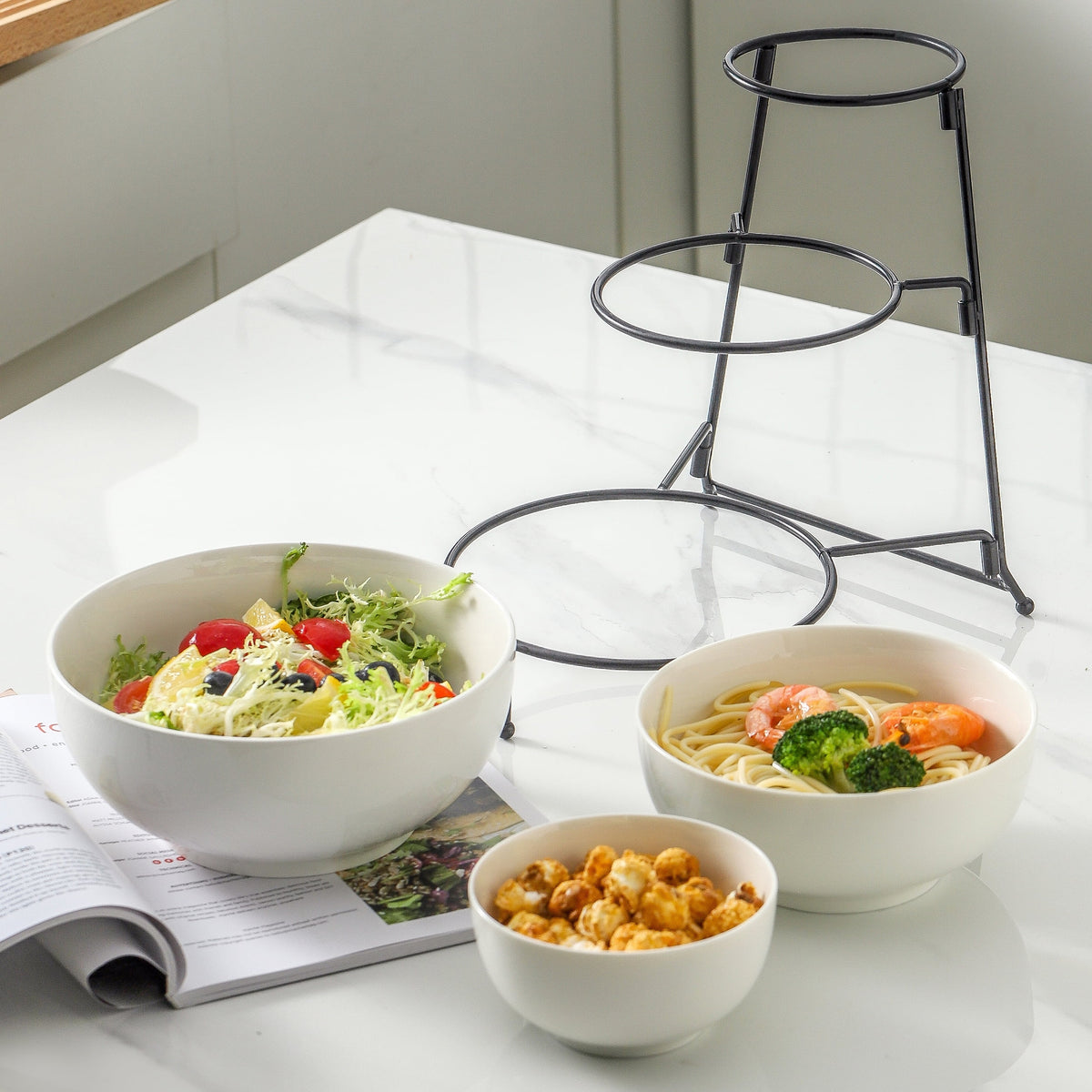 3 Tier Ceramic Serving Bowl Set with Metal Rack C16290